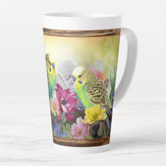 Caneca De Café Latte Par de periquitos e flores selvagens