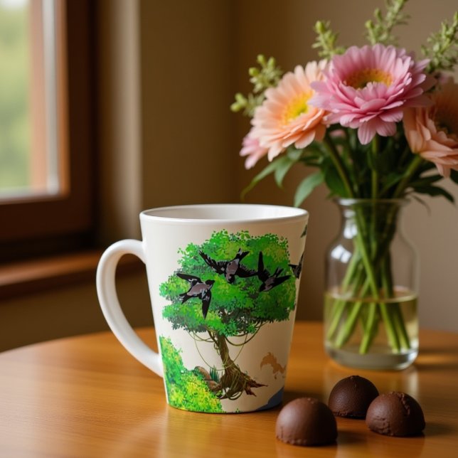 Caneca De Café Latte Passarinho fofo com esquilos brincando na floresta (Criador carregado)