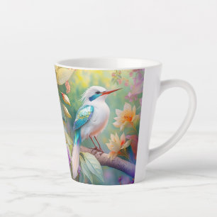 Caneca De Café Latte Pássaro Fantasia Branca, Iridescente, Teal Wing