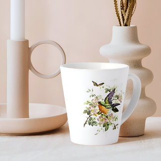 CANECA DE CAFÉ LATTE PÁSSARO VINTAGE COM FLORES