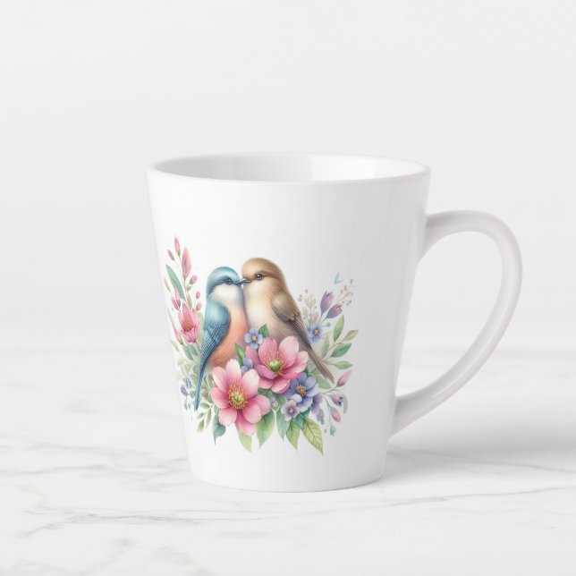 Caneca De Café Latte Pássaros adoráveis nas flores da primavera (Direita)