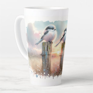 Caneca De Café Latte Pássaros Aquarela Pastel Poste de Cerca Pôr do Sol