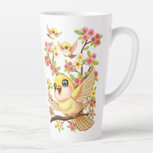 Caneca De Café Latte Pássaros bonitos e felizes entre as flores da prim