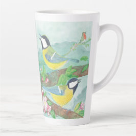 Caneca De Café Latte Pássaros cantando em um galho de árvore florescent