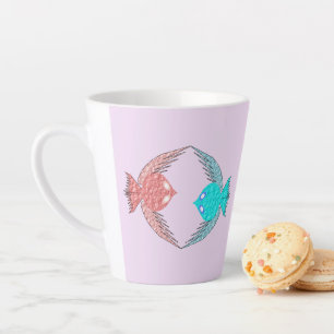 Caneca De Café Latte Pássaros de Amor, Rosa e Azul