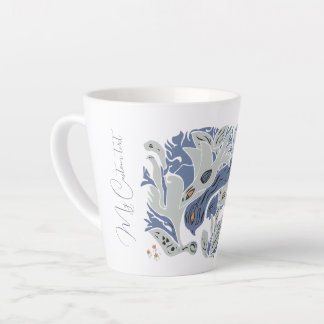 Caneca De Café Latte Pássaros emaranhados Texto personalizável azul/cin
