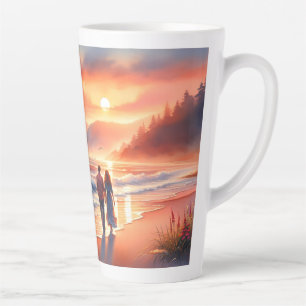 Caneca De Café Latte Passeio Romântico pelo Farol do Pôr do Sol na Cost