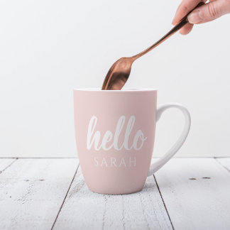 Caneca De Café Latte Pastel Mínimo Moderno, Rosa Alô E Seu Nome
