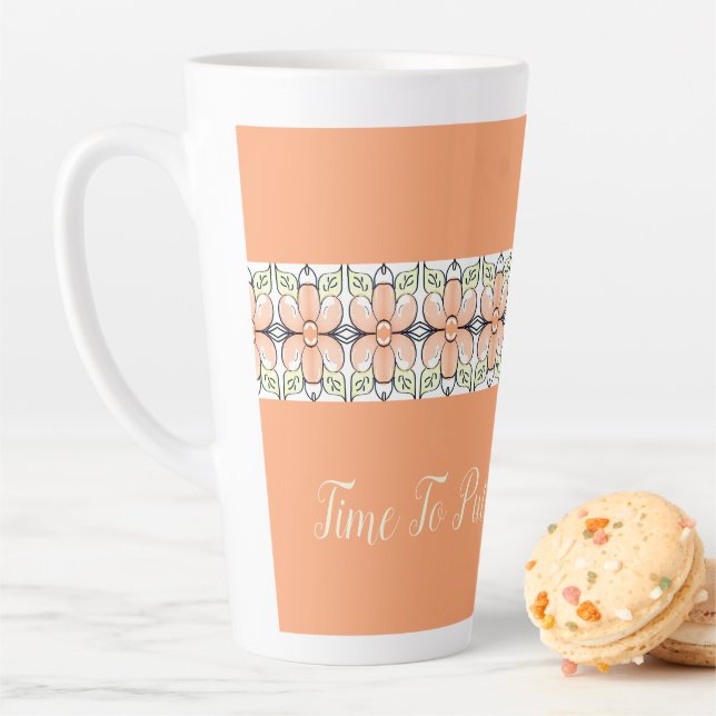 Caneca De Café Latte Pastel Peach Floral com Verde e Branco (In Situ)