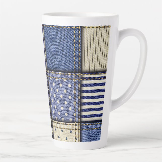 Caneca De Café Latte Patchwork de Denim Azul (Direita)