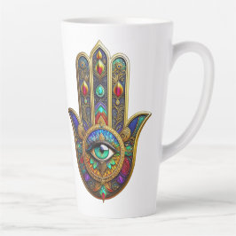Caneca De Café Latte Peacock Color Flower Petals Hamsa Green Third Eye