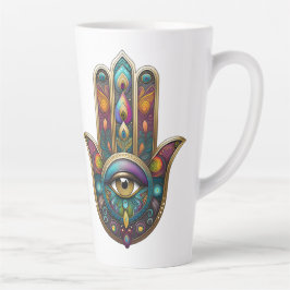 Caneca De Café Latte Peacock Colors Hamsa w/ Gold Third Eye