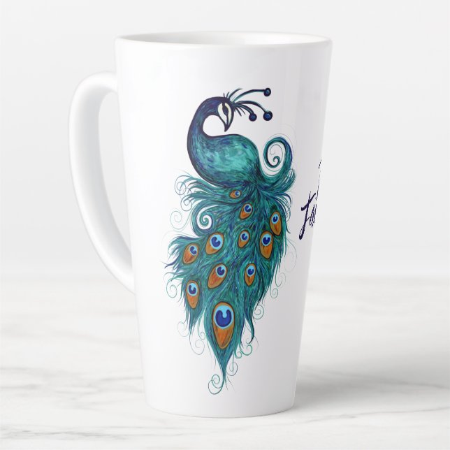 Caneca De Café Latte Peacock Feather Teal Peacocks (Ângulo esquerdo)