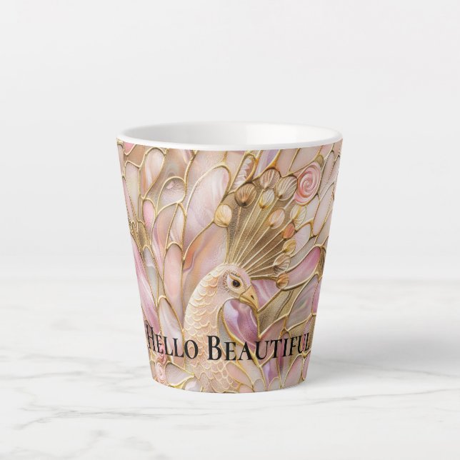 Caneca De Café Latte Peacock Rosa Cinza Dourado Glam (Frente)