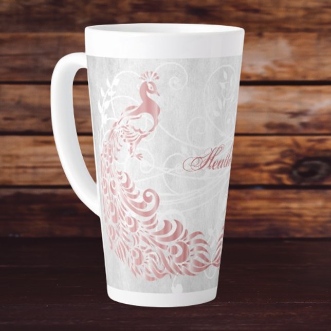 Caneca De Café Latte Peacock Rosa Personalizado (Pink Peacock Personalized Latte Mug)