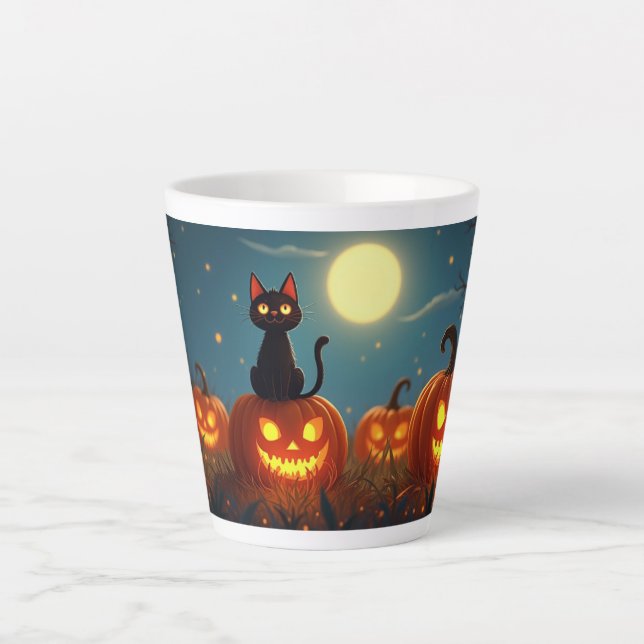 Caneca De Café Latte Pedaço de Abóbora Gato Preto (Frente)
