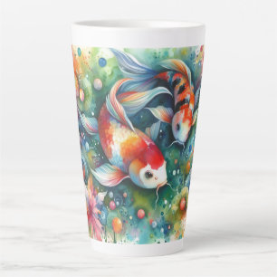 Caneca De Café Latte Peixe-Koi Colorido Aquarela Laranja