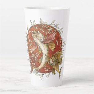 Caneca De Café Latte Peixe Voador Japonês e Folhas de Bambu Arte Vintag