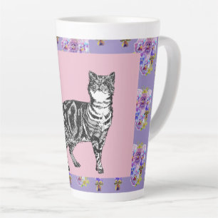 Caneca De Café Latte Pele Pintada Mão Púrpura Gato Lã