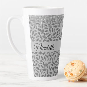 Caneca De Café Latte Penas da Gliteria de Prata Chic Personalizadas