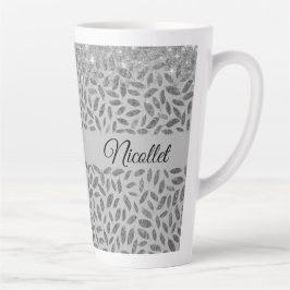 Caneca De Café Latte Penas da Gliteria de Prata Chic Personalizadas
