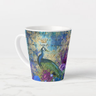 Caneca De Café Latte Penas de Pássaro Azul da Moda do Pavão Flores