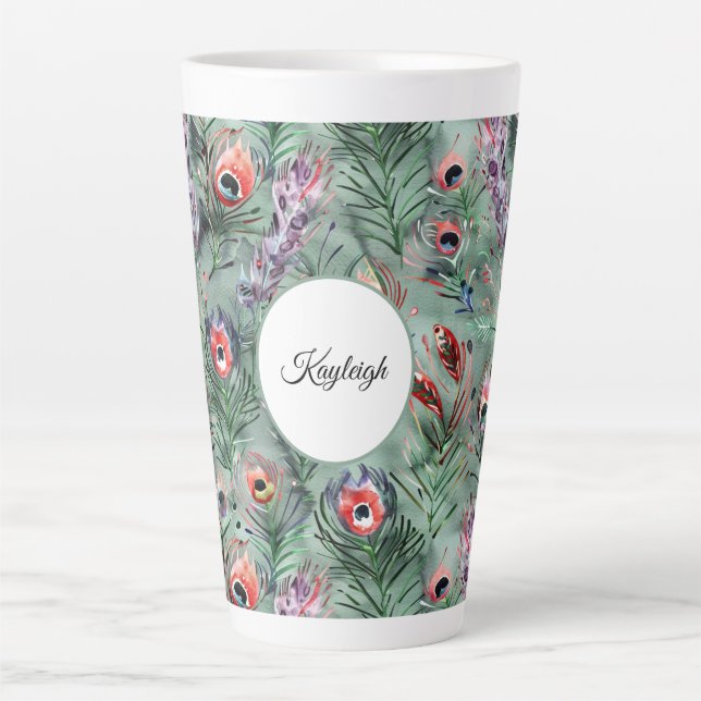 Caneca De Café Latte Penas de Pavão Vermelhas e Verdes   (Frente)