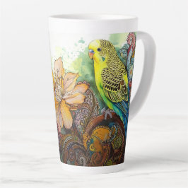 Caneca De Café Latte Periquito Amarelo com salsa e flores