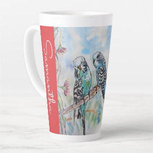 Caneca De Café Latte Periquito Azul Periquitos Papagaios Aquarela Nome