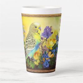 Caneca De Café Latte periquito bonito e flores silvestres