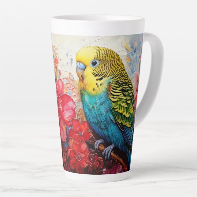 Caneca De Café Latte Periquito com Flores (Ângulo direito)