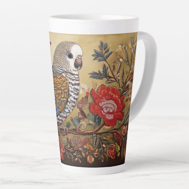 Caneca De Café Latte Periquito de Arte Popular com Flores (Ângulo direito)