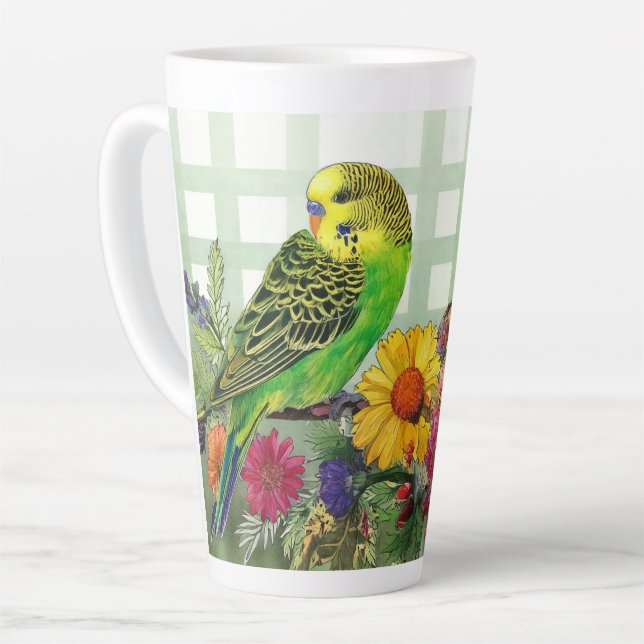 Caneca De Café Latte Periquito e Flores (Ângulo esquerdo)