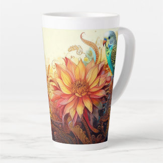 Caneca De Café Latte Periquitos Azuis Folksy com Paisley e Flores