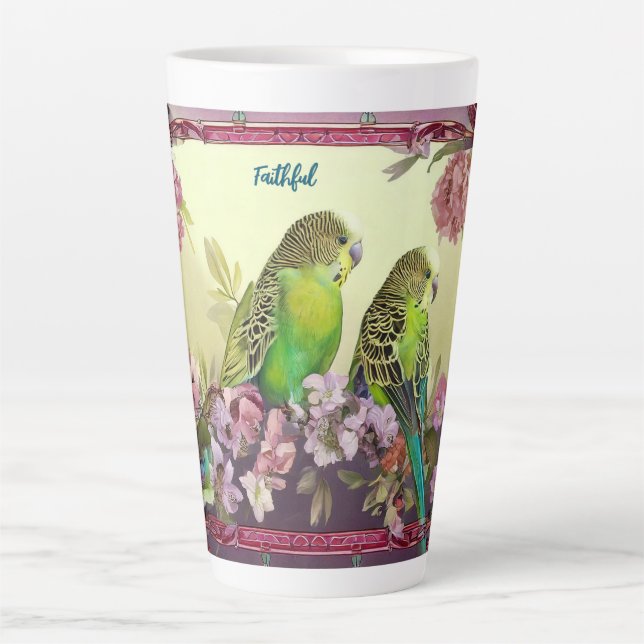 Caneca De Café Latte Periquitos Fiéis e Brilhantes Rosa (Frente)
