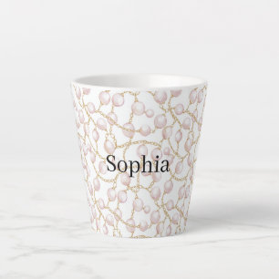 Caneca De Café Latte Pérolas Glam Rosa Dourado