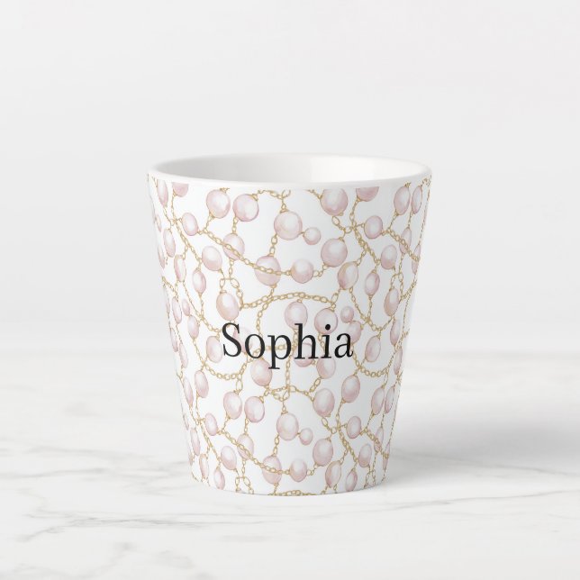 Caneca De Café Latte Pérolas Glam Rosa Dourado   (Frente)