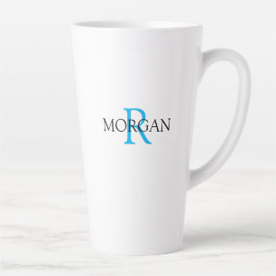 Caneca De Café Latte Personalizar Monograma e Nome, Azul Céu e Preto