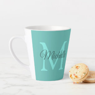 Caneca De Café Latte Personalizar Monograma Leve Teal Nome Inicial Pequ