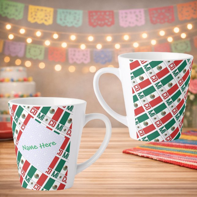 Caneca De Café Latte Personalized Mexico Flag Tiled (Personalized latte mug, tiled Mexican Flag, MEXICO below in flag colors. White fractal holds name.)