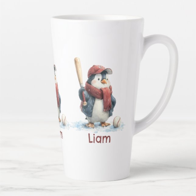 Caneca De Café Latte Personalized Winter Penguin Baseball Kid (Direita)