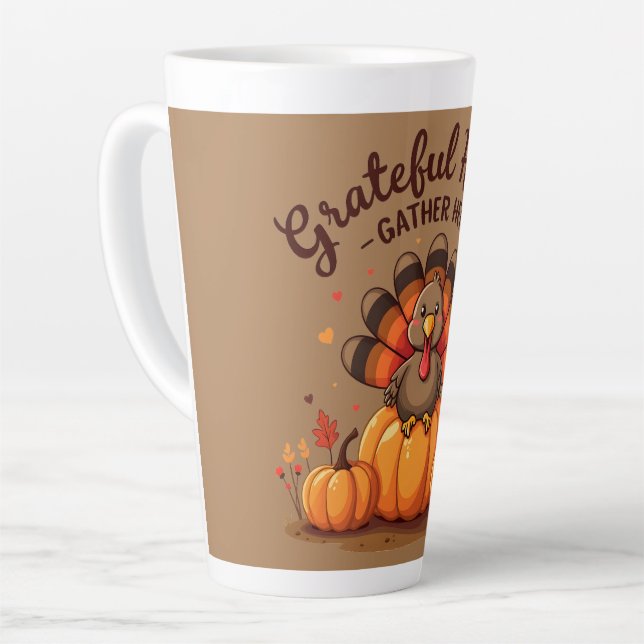 Caneca De Café Latte Peru de Ação de Graças com Corações Gratos (Ângulo esquerdo)