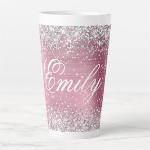 Caneca De Café Latte Pessoal Prateado Brilho Rosa Claro Folha