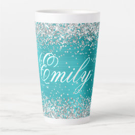 Caneca De Café Latte Pessoal Prateado Brilho Turquesa Azul Folha