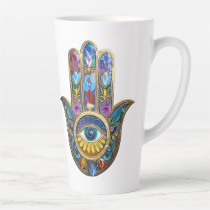 Caneca De Café Latte Pétalas Coloridas Folhas Hamsa Safira Terceiro Olh