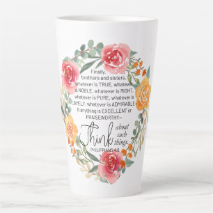 Caneca De Café Latte Philippians 4:8 Floral Wreath rosa e amarelo