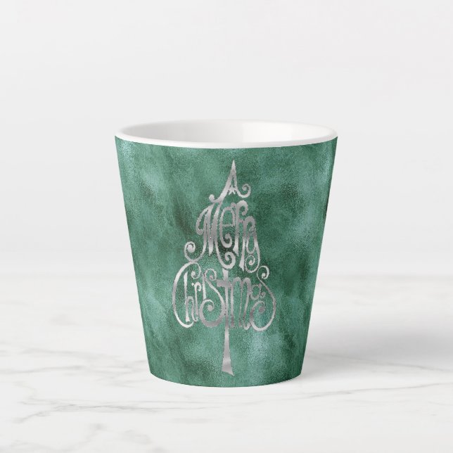 Caneca De Café Latte Pine Teal Green Silver Natal (Frente)