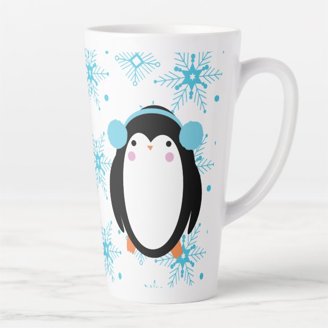 Caneca De Café Latte Pinguim-branco-de-inverno e flocos de neve (Direita)