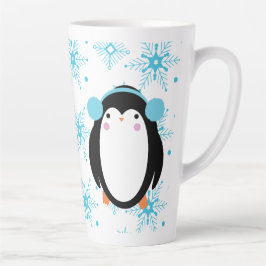 Caneca De Café Latte Pinguim Fofo de Inverno e Flocos de Neve