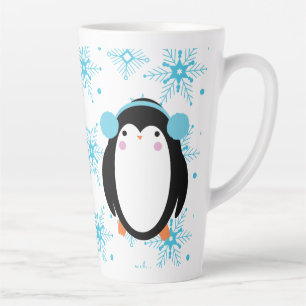 Caneca De Café Latte Pinguim Fofo de Inverno e Flocos de Neve
